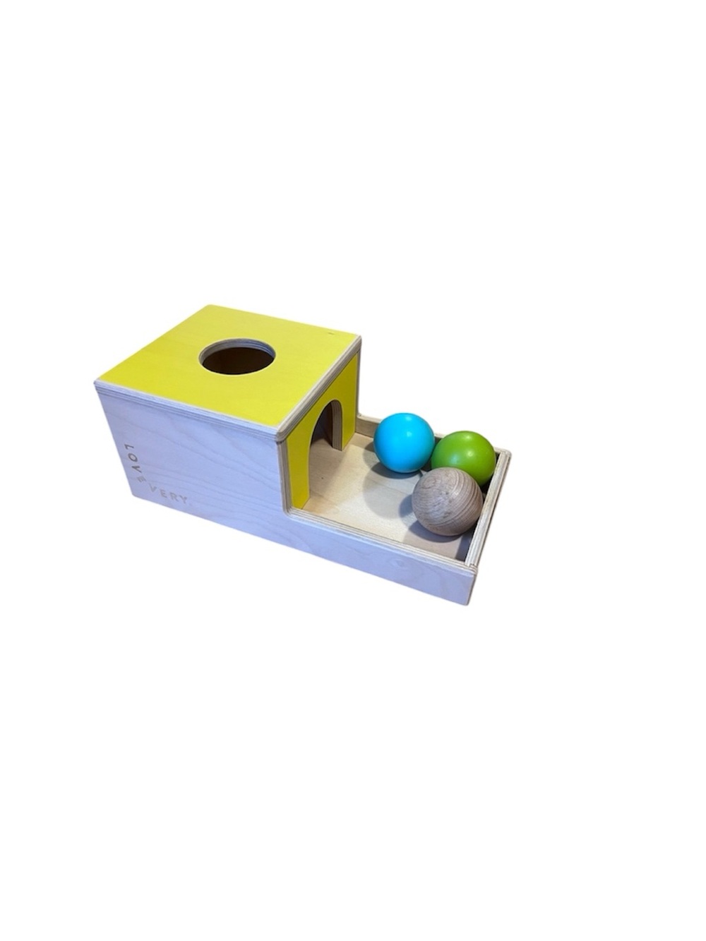 LOVEVERY Wooden Ball Drop Learning Toy - Yellow Top with Blue & Green Balls